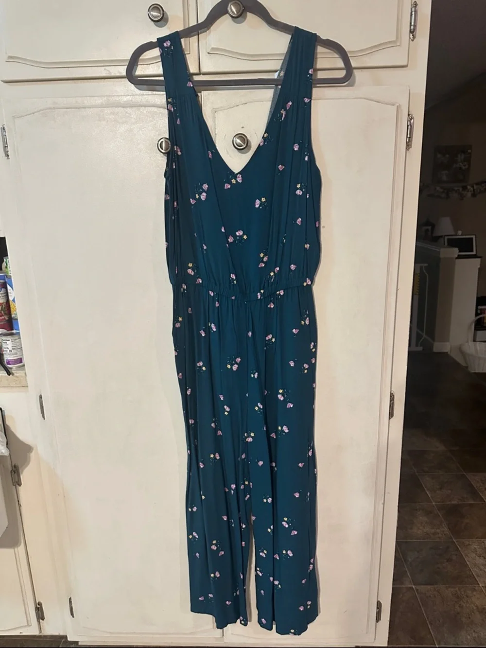 Old Navy Teal V-Neck Floral Sleeveless Jumpsuit